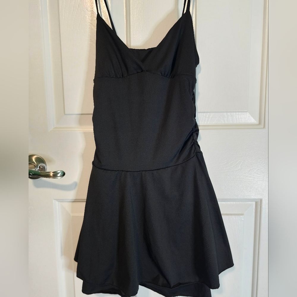 SHEIN Skater Dress Black w/ Ruched Sides and Asymmetrical Hemline Women's Sz S